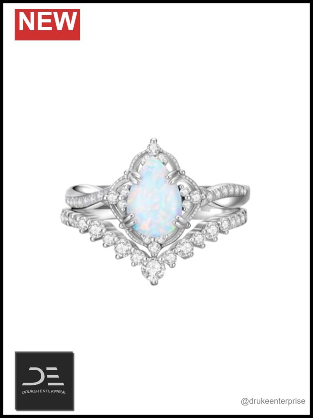 1.5ct Pear Opal Engagement Ring Set 925 Sterling Silver Vintage V Shaped